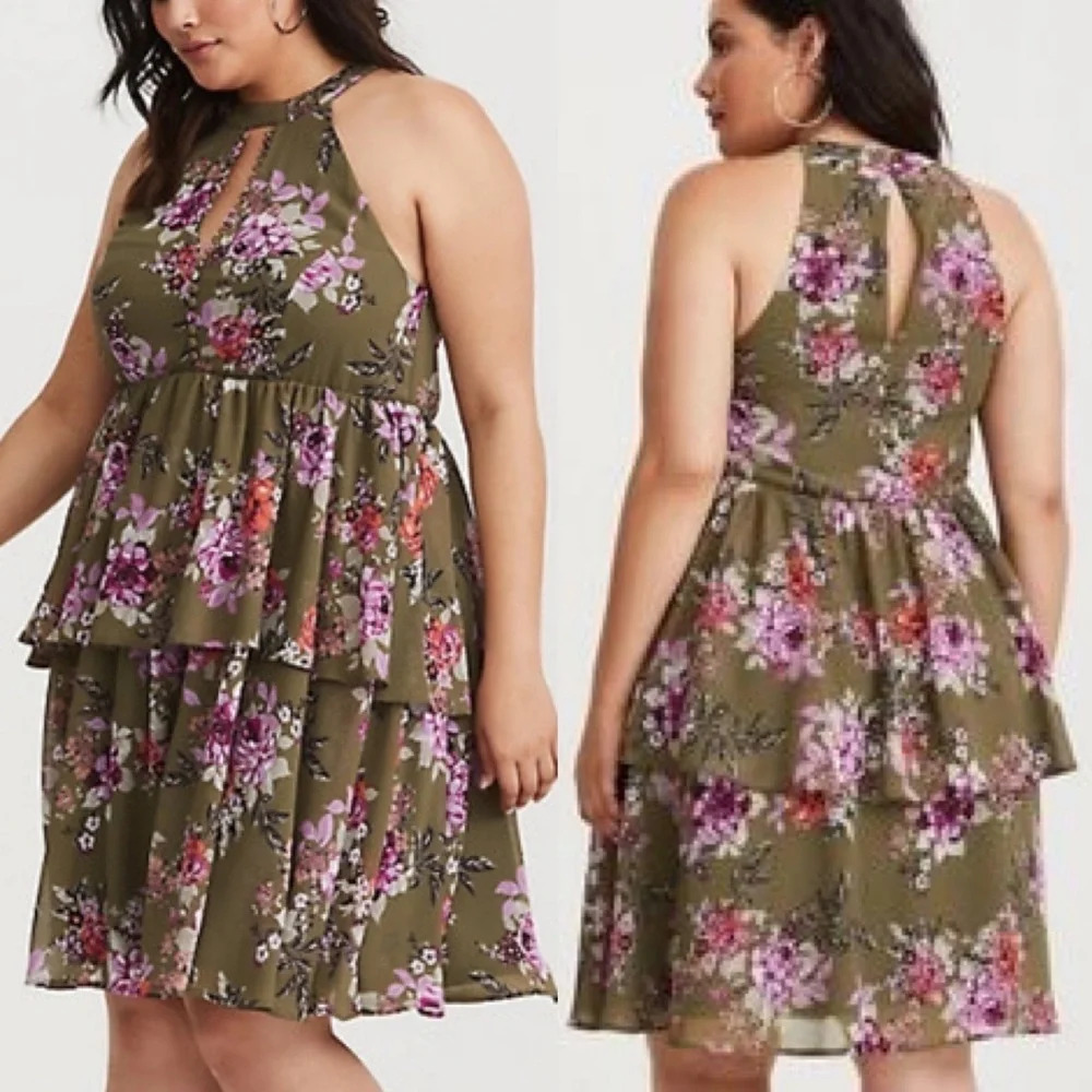 Torrid Floral Tiered Olive Chiffon Dress Sz 1